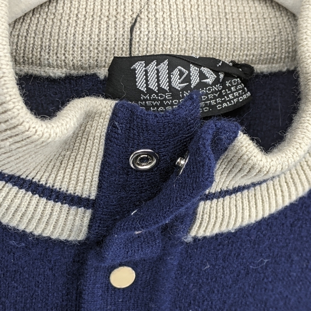 VTG MEISTER 100% New Wool Sweater Pullover Partial Button Navy Blue & Tan L - Picture 5 of 12